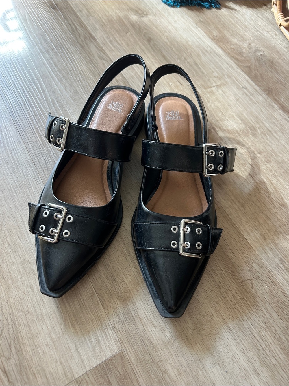 Wild Fable Black Pointed Slingback Flats with Buckle Straps and Metal Eyelets